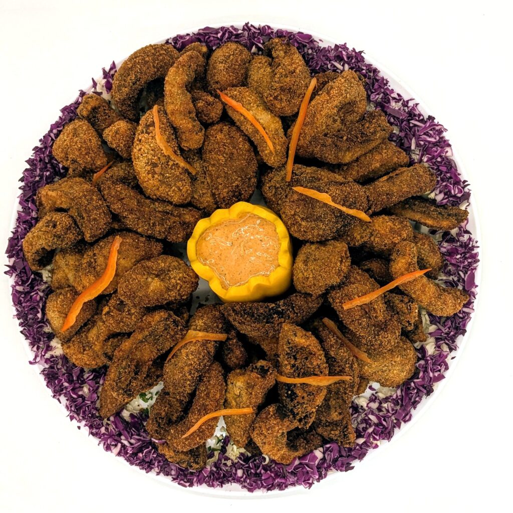 Crispy Portobello mushrooms platter with a red pepper and garlic aioli